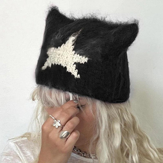 Women Y2k Crochet Beanie Hat Cute Cat Ear Hats Goth Knitted Hats Grunge Slouchy Accessory Warm Winter Cap for Outdoor - Leo’s Look Your Best 