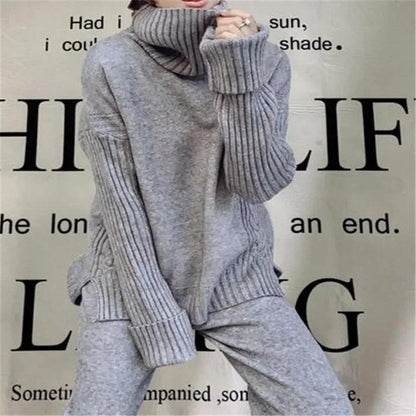 Sweater Set Warm suit for Women Winter Knitted Suits 2 Piece Set Soild Turtleneck Sweater + Loose Trousers Office Lady Suit - Leo’s Look Your Best 