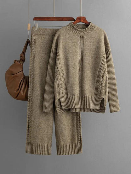 Winter Warm Knitwears Two Piece Sets For Women Outfits Office Ladies Elegant Solid Side Split Pullover Knitted Sweater+pants Set - Leo’s Look Your Best 