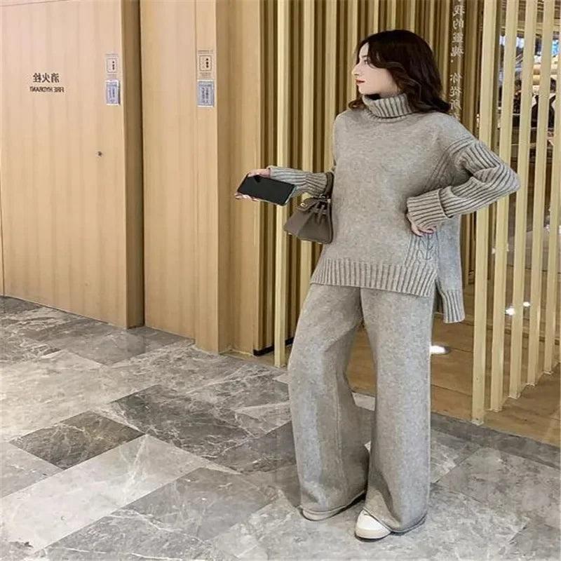 Sweater Set Warm suit for Women Winter Knitted Suits 2 Piece Set Soild Turtleneck Sweater + Loose Trousers Office Lady Suit - Leo’s Look Your Best 