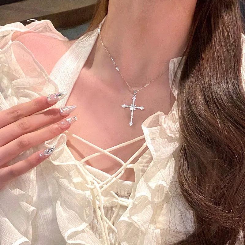 Kpop Cross Shaped Crystal Zircon Necklace For Women Sweet Cool Pendant Clavicle Chain Choker Valintines Day Gift Silver Jewelry - Leo’s Look Your Best 