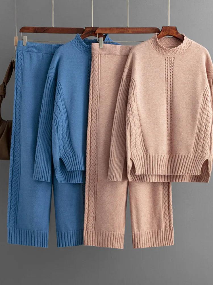 Winter Warm Knitwears Two Piece Sets For Women Outfits Office Ladies Elegant Solid Side Split Pullover Knitted Sweater+pants Set - Leo’s Look Your Best 