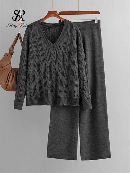 SINGREINY Autumn Loose Two Pieces Sets Women Twist Striped Sweater+Wide Legs Thick Long Pant Home Wear Casual Knitted Suits 2023 - Leo’s Look Your Best 