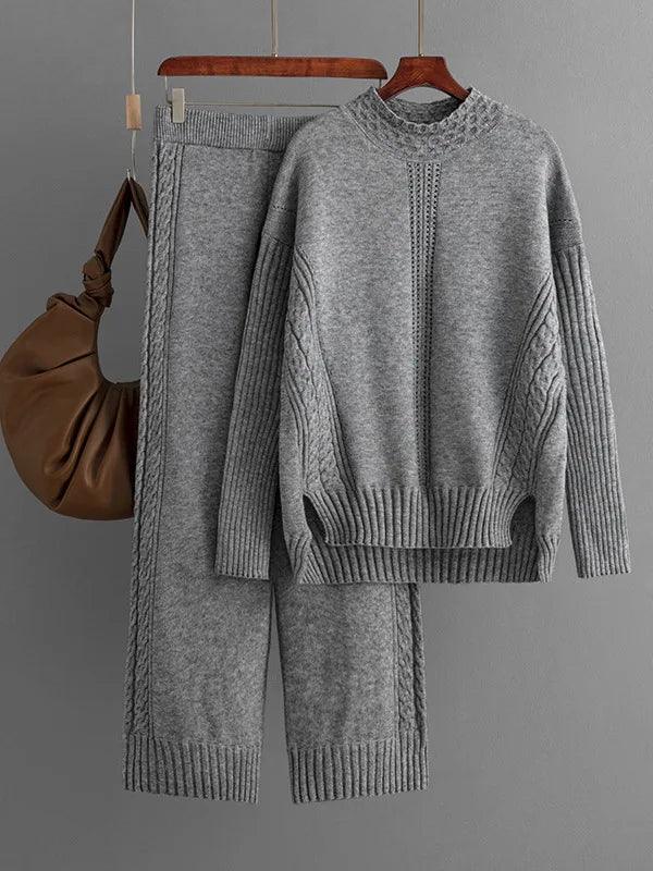 Winter Warm Knitwears Two Piece Sets For Women Outfits Office Ladies Elegant Solid Side Split Pullover Knitted Sweater+pants Set - Leo’s Look Your Best 