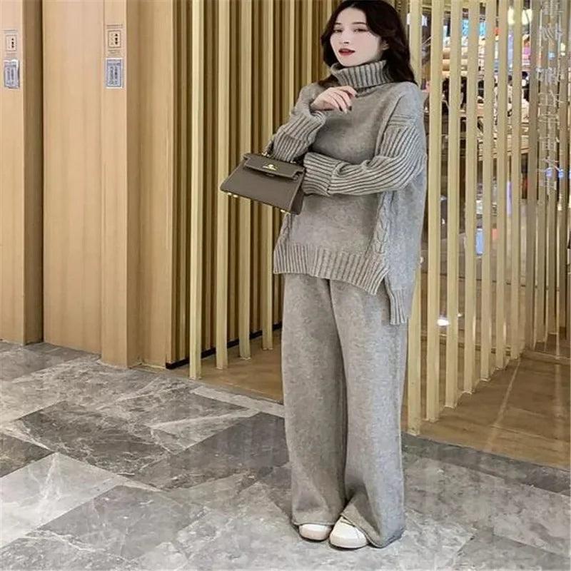 Sweater Set Warm suit for Women Winter Knitted Suits 2 Piece Set Soild Turtleneck Sweater + Loose Trousers Office Lady Suit - Leo’s Look Your Best 