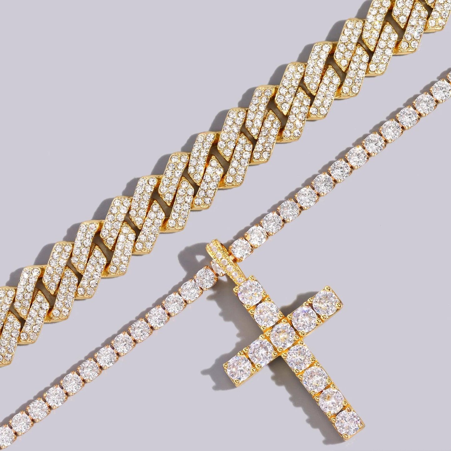 Hip Hop 2pcs Tennis Chain 14MM Prong Cuban Necklace For Men Women Iced Out 2 Row Cuban Link Chain Necklaces Couple Jewelry - Leo’s Look Your Best 