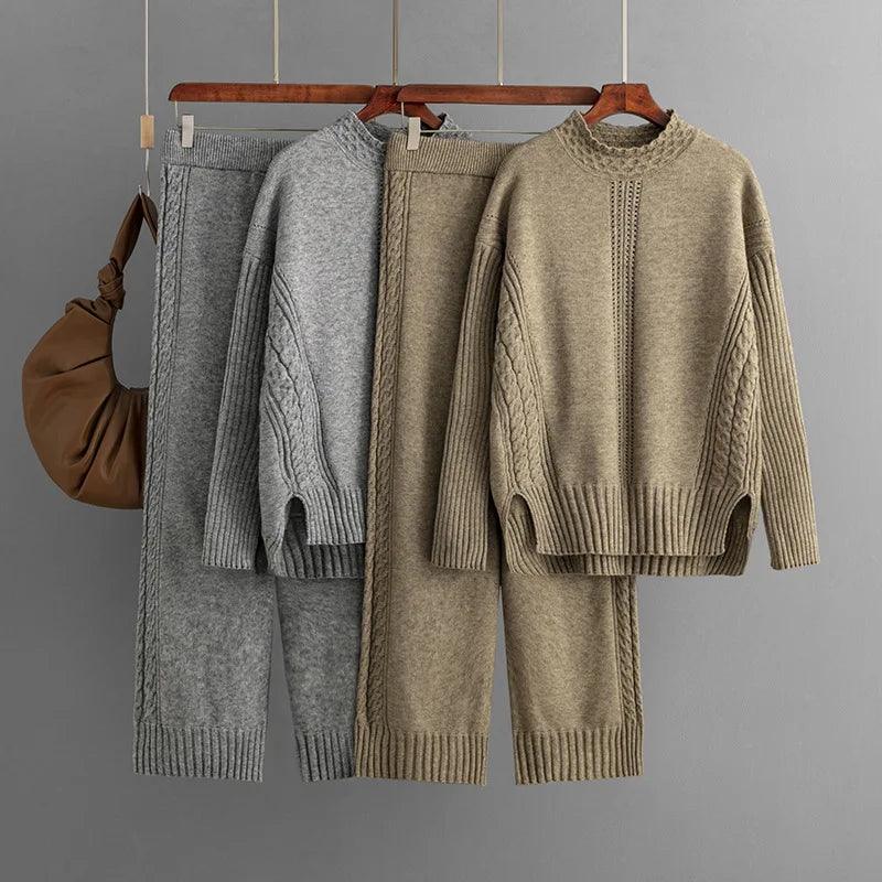 Winter Warm Knitwears Two Piece Sets For Women Outfits Office Ladies Elegant Solid Side Split Pullover Knitted Sweater+pants Set - Leo’s Look Your Best 