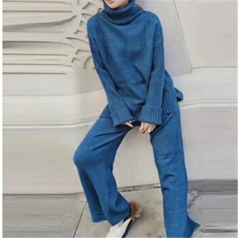 Sweater Set Warm suit for Women Winter Knitted Suits 2 Piece Set Soild Turtleneck Sweater + Loose Trousers Office Lady Suit - Leo’s Look Your Best 