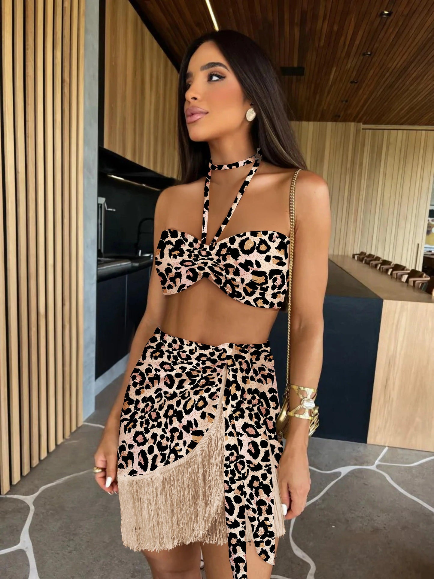 Summer Sexy Fringe Two Piece Skirt Tassel Short Skirt Women Halter Sequined Mini Skirt Suit Beach Vacation Casual Female