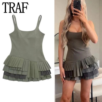 TRAF 2024 Women Sleeveless Slip Mini Dress Woman Pleated Ruffle Bodycon Dress Asymmetric Backless Sexy Short Party Dresses