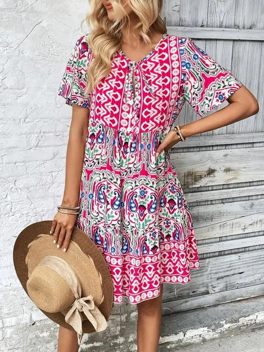 Woman wearing a colorful patterned dress with a straw hat against a wooden background