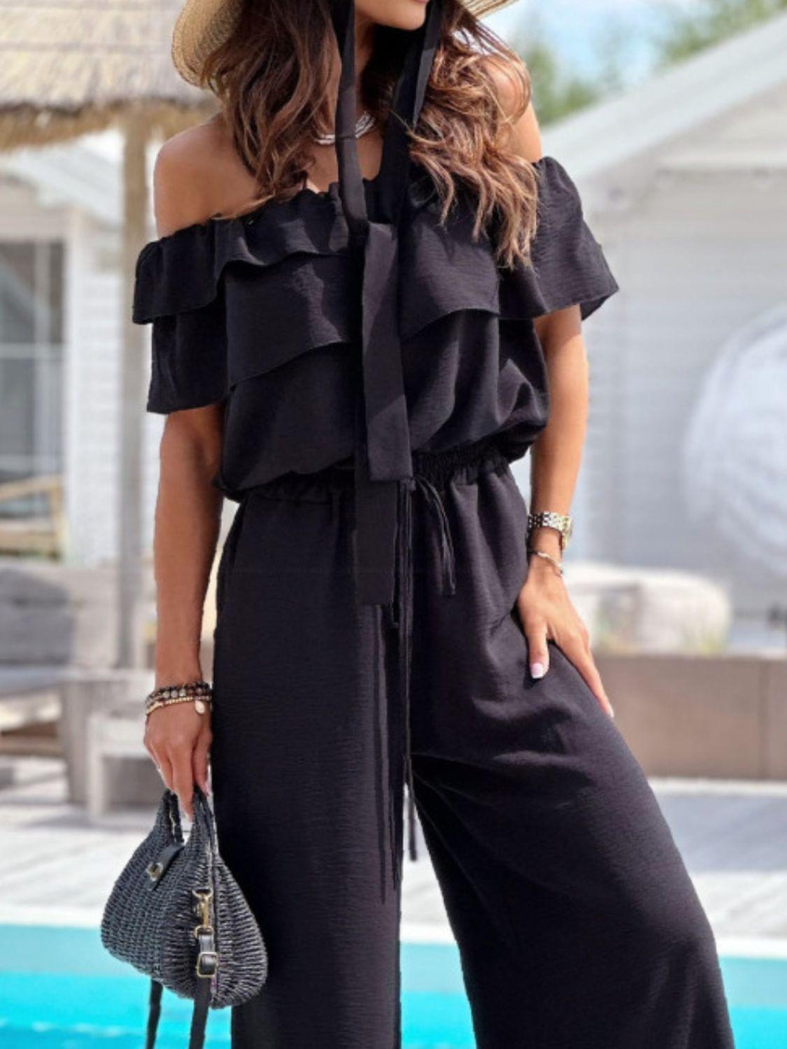 Ruffled Off Shoulder Wide Leg Jumpsuit - Leo’s Look Your Best