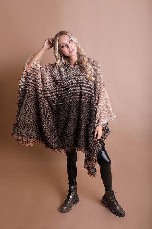 Herringbone Tweed Hooded Frayed Edge Poncho - Leo’s Look Your Best