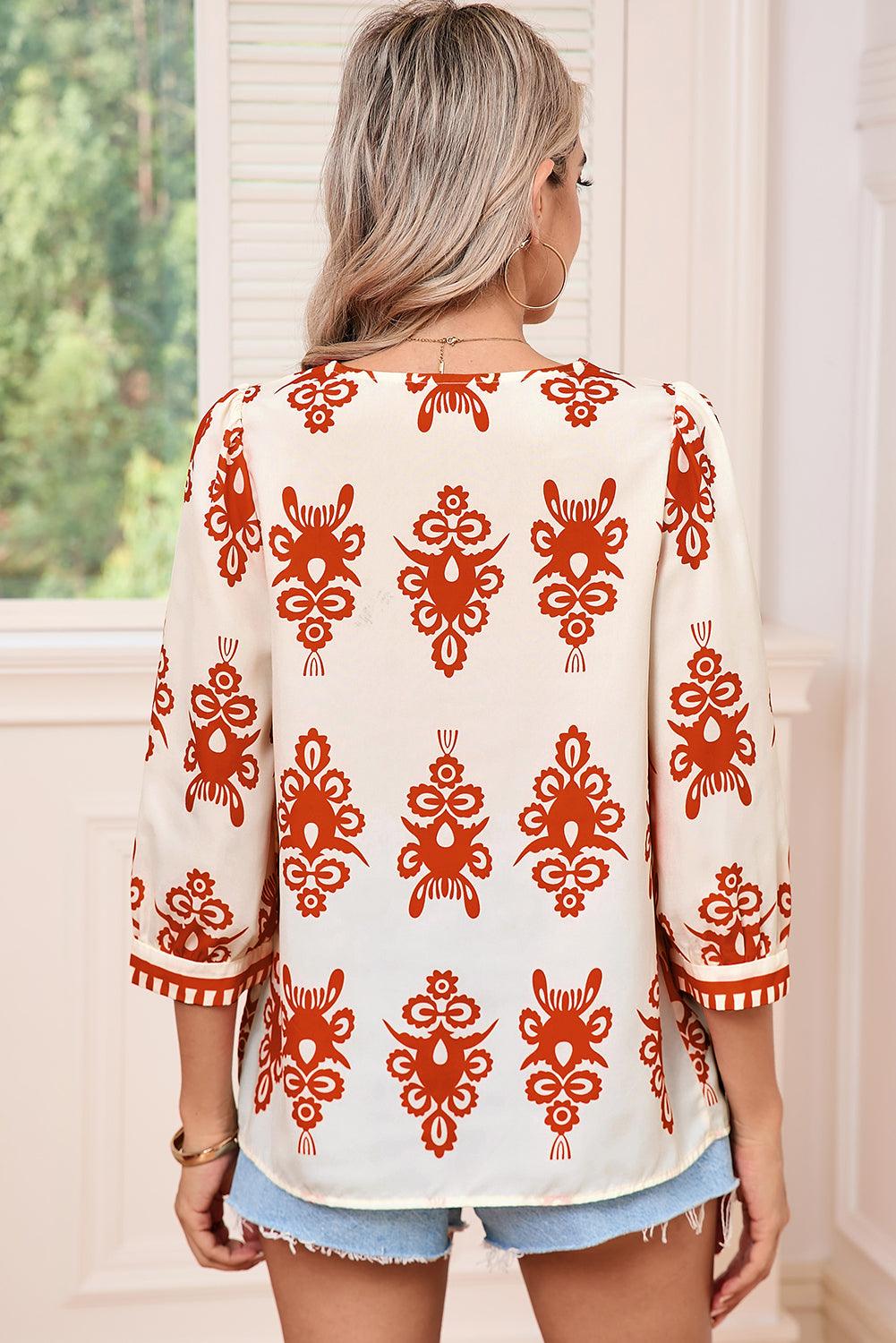 Beige Ethnic Abstract Print Puff Sleeve V Neck Blouse - Leo’s Look Your Best 