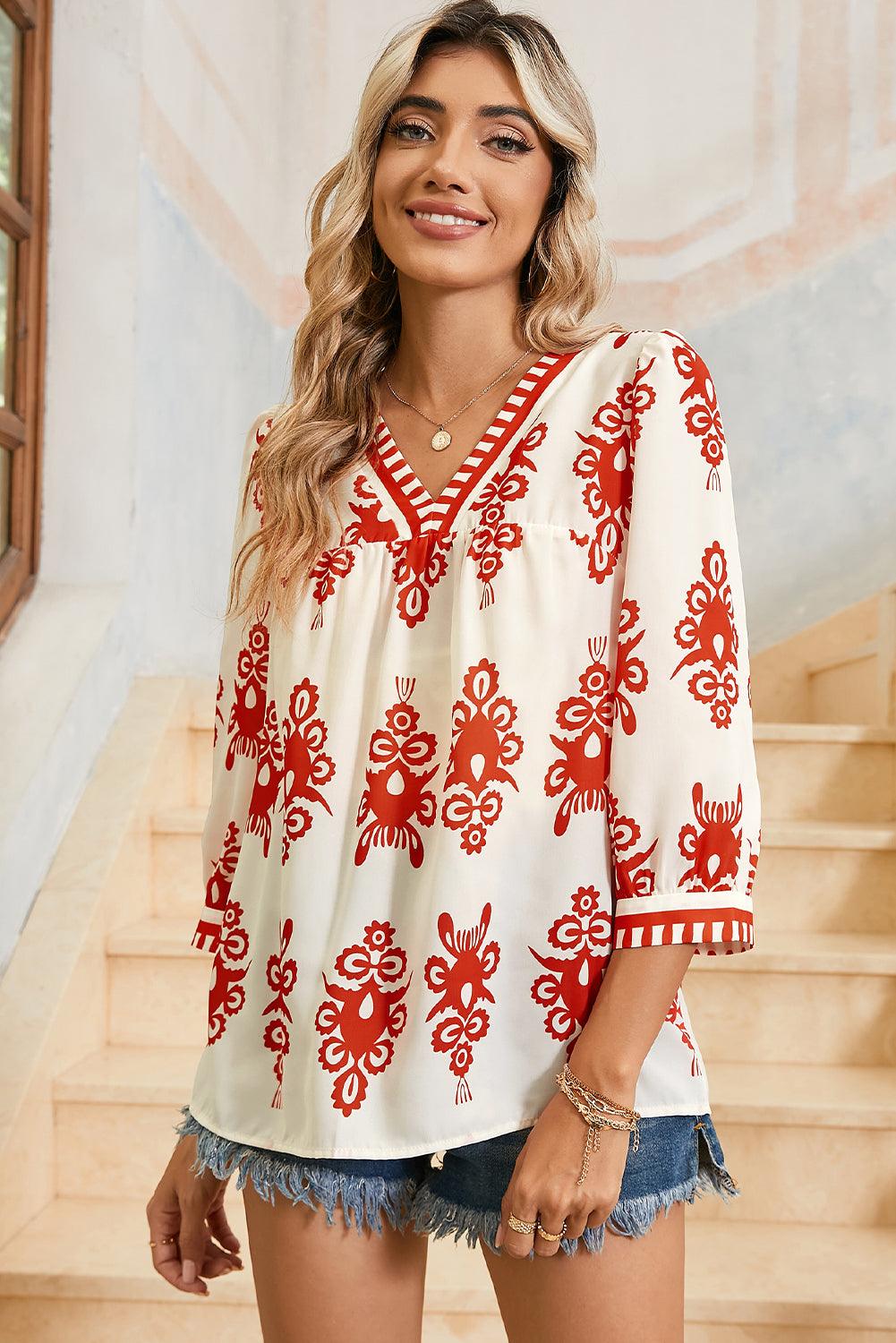 Beige Ethnic Abstract Print Puff Sleeve V Neck Blouse - Leo’s Look Your Best 