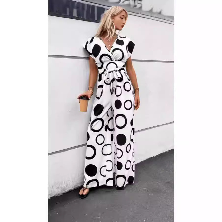 Fashion Elegant Casual V-neck High Waist Print Wide Leg Belt Jumpsuit