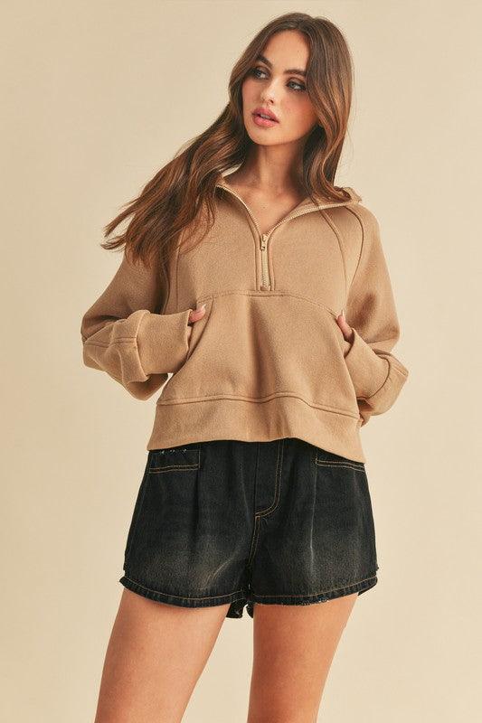 Aemi + Co Half Zip Raglan Sleeve Hoodie with Kangaroo Pocket - Leo’s Look Your Best