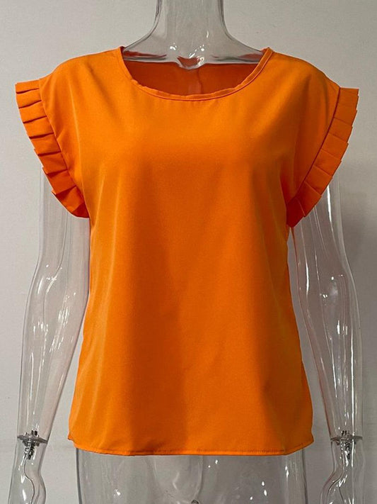 Ruffled Round Neck Cap Sleeve Blouse - Leo’s Look Your Best