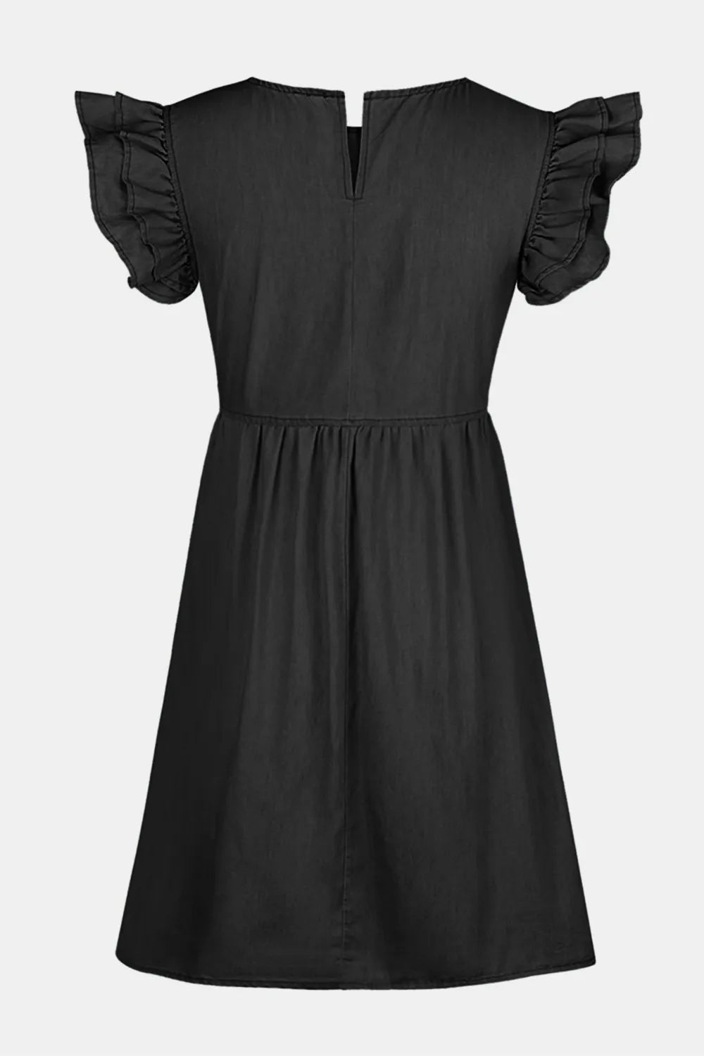 Black dress with ruffled sleeves on a light gray background