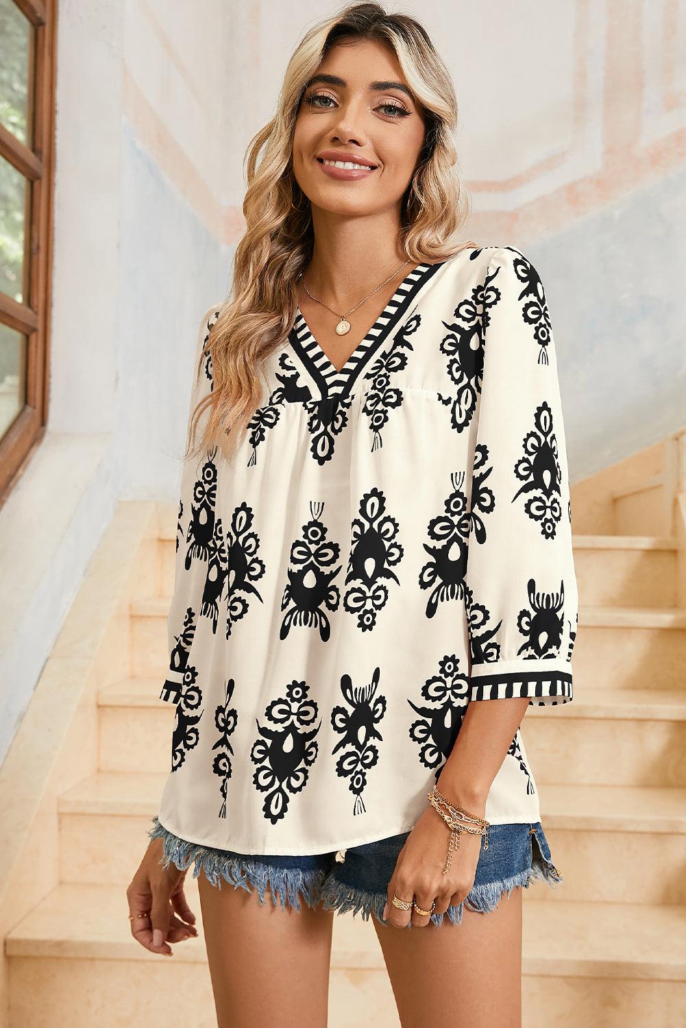Beige Ethnic Abstract Print Puff Sleeve V Neck Blouse - Leo’s Look Your Best 