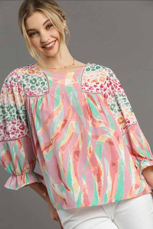 Umgee Full Size Mixed Print Lace Trim Top Plus Size - Leo’s Look Your Best