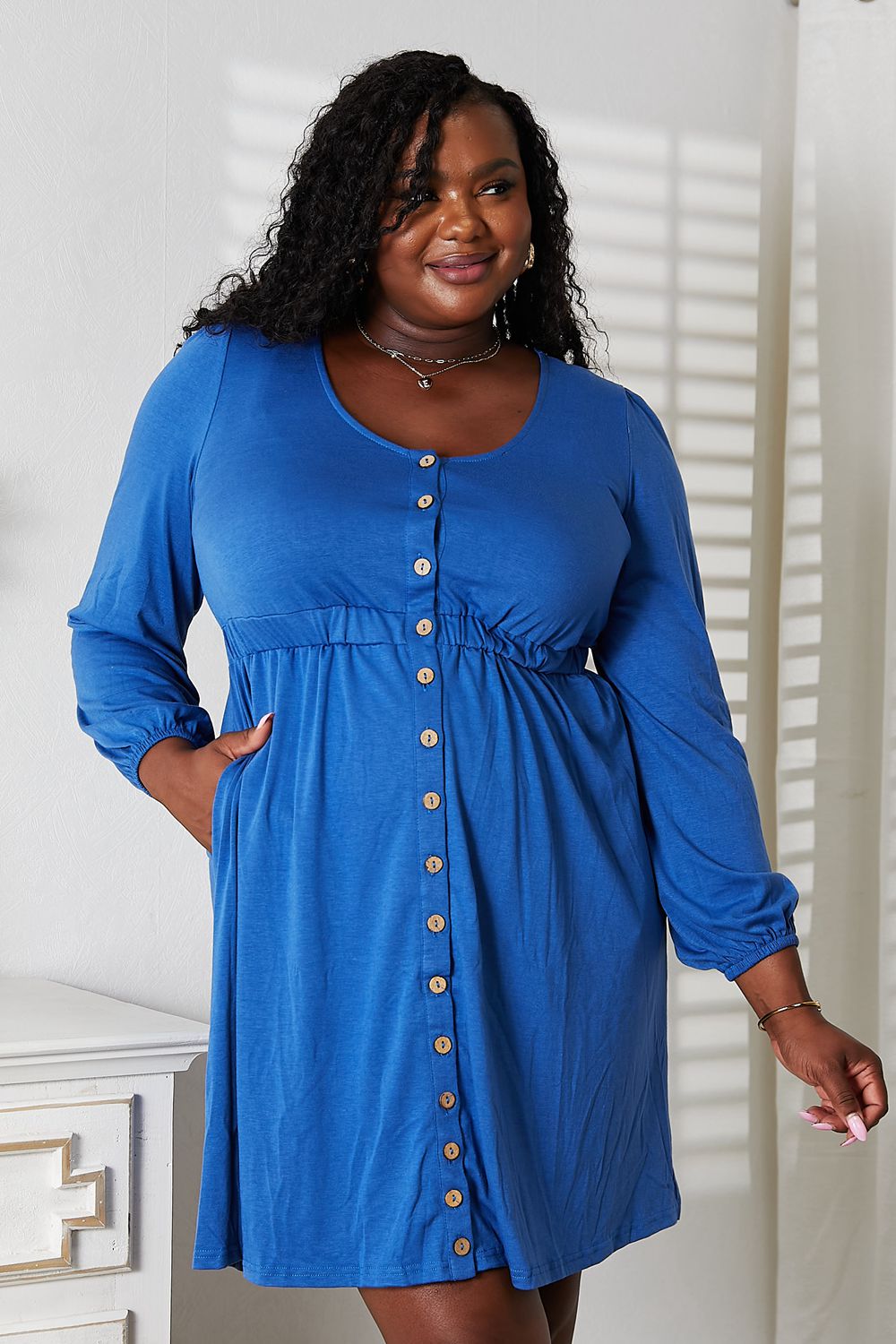 Double Take Scoop Neck Empire Waist Long Sleeve Magic Dress - Leo’s Look Your Best 