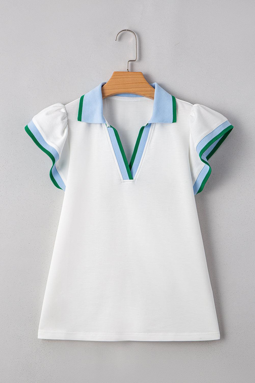 White Pop of Color Collared V Neck Ruffle Sleeve Blouse - Leo’s Look Your Best 