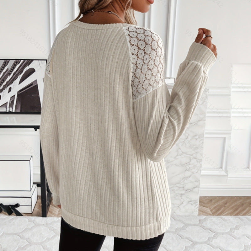 Comfort And Casual Lace Stitching Solid Color Pullover Long Sleeve Top