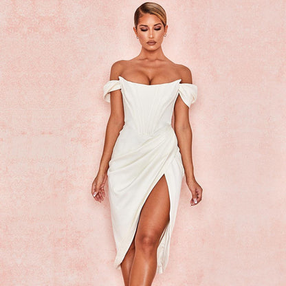 Temperament Split Fishbone Pattern Sexy Backless Off-shoulder Dress - Leo’s Look Your Best 