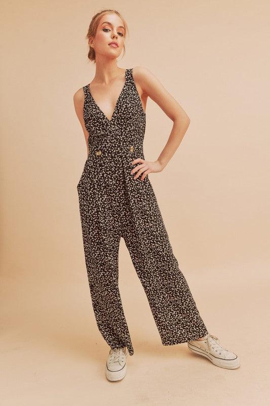 Aemi + Co Ditsy Floral Surplice Sleeveless Wide Leg Jumpsuit - Leo’s Look Your Best