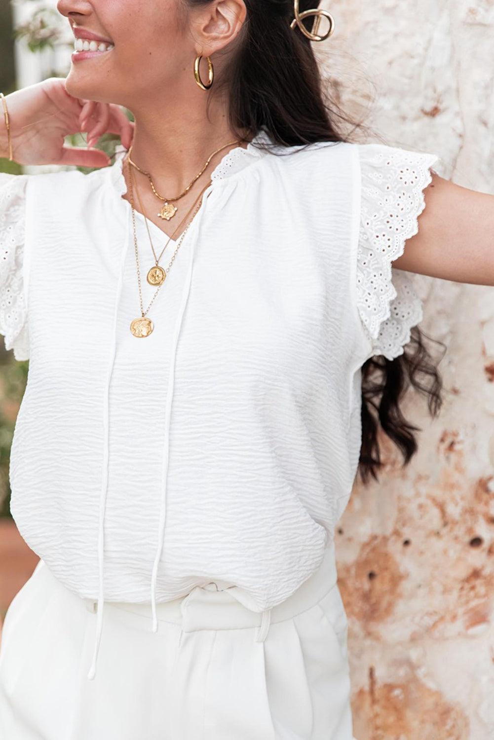 White Embroidered Ruffle Trim Crinkle Blouse - Leo’s Look Your Best 