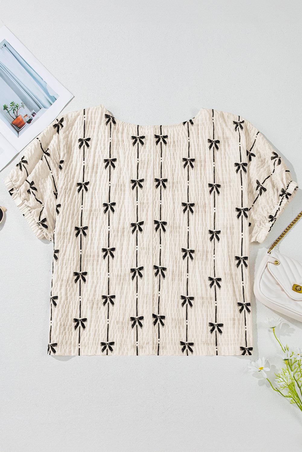 Beige Bow Print Striped Puff Short Sleeve Blouse - Leo’s Look Your Best 
