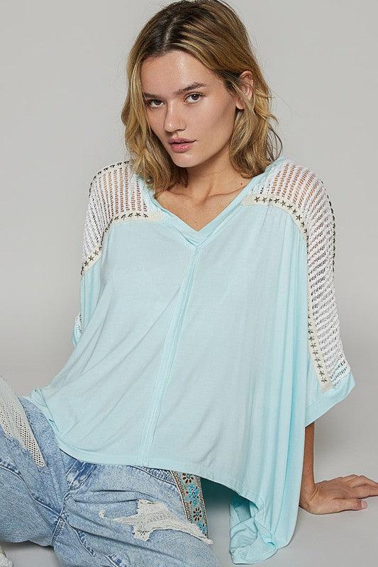 POL Oversize V-Neck Crochet Lace Contrast Studded Top - Leo’s Look Your Best