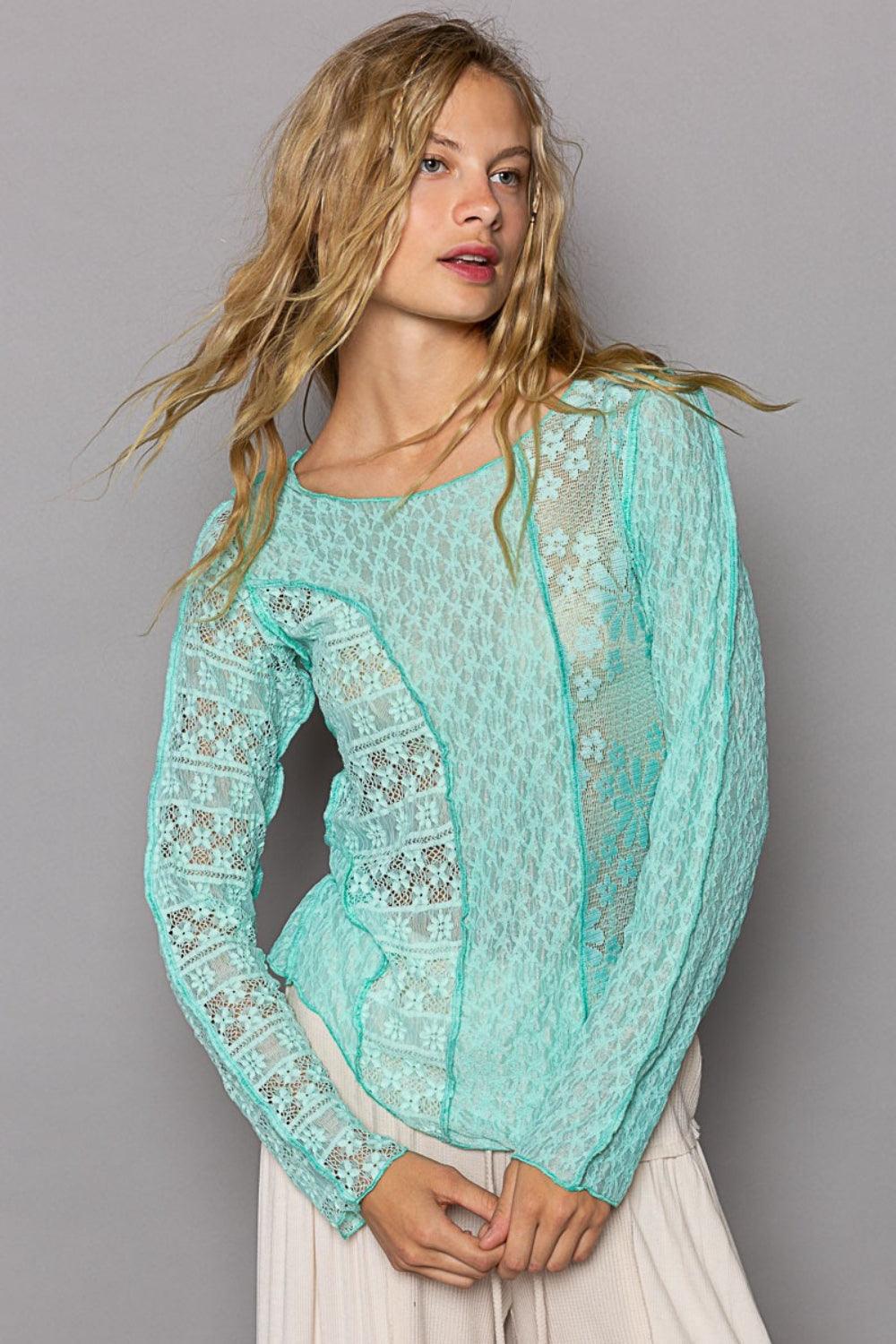 POL Exposed Seam Long Sleeve Lace Knit Top - Leo’s Look Your Best