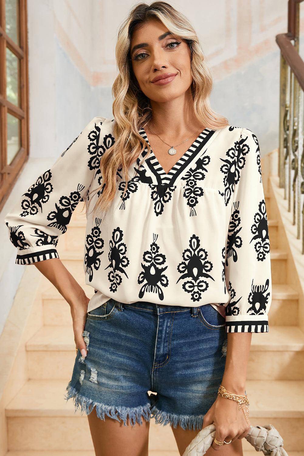 Beige Ethnic Abstract Print Puff Sleeve V Neck Blouse - Leo’s Look Your Best 