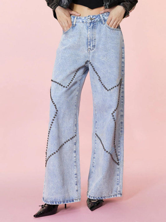 Studded Star Straight Jeans with Pockets - Leo’s Look Your Best