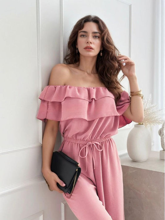Ruffled Off Shoulder Wide Leg Jumpsuit - Leo’s Look Your Best