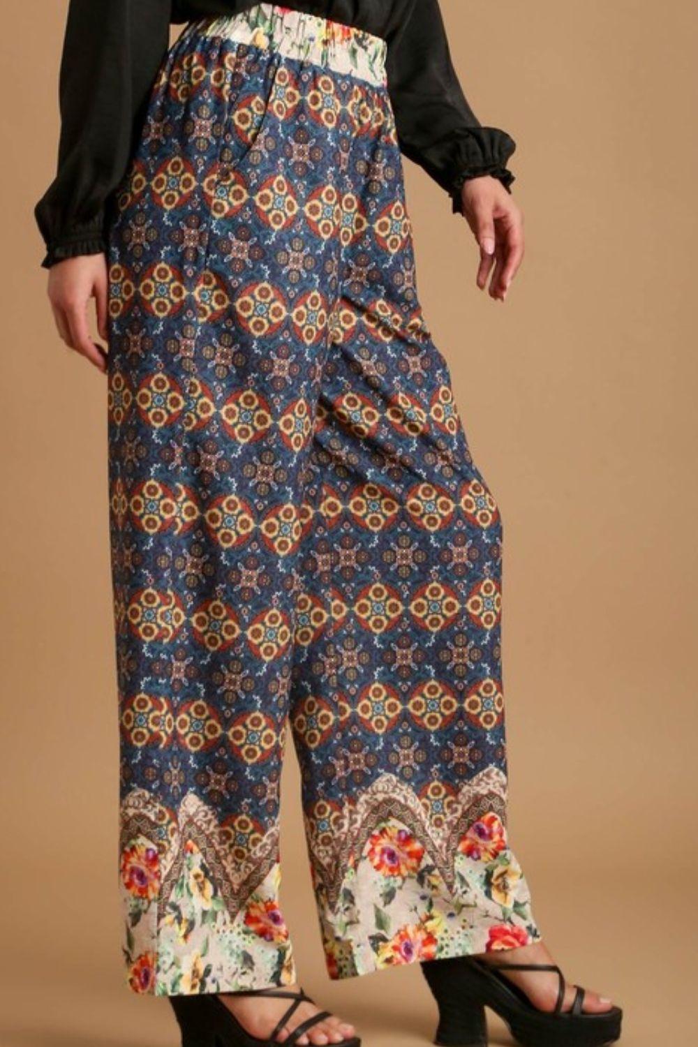 Umgee Full Size Mixed Print Elastic Waistband Pants Plus Size - Leo’s Look Your Best