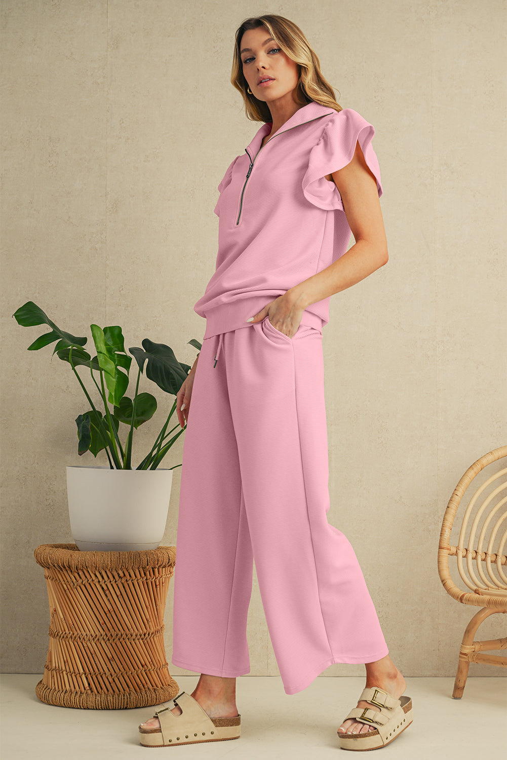 Apricot Textured Ruffle Sleeve Zipped Top and Wide Leg Pants Set