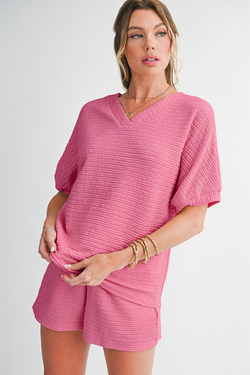 Apricot Textured V Neck T Shirt and Shorts Set