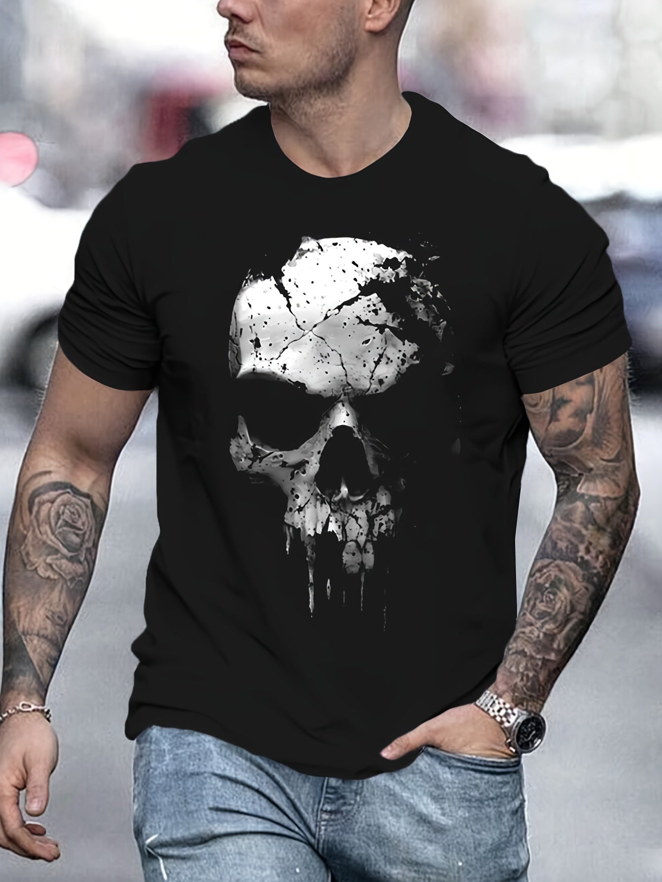 A Novel And Cool Top For Men To Wear Outdoors In Summer, Featuring A 3D Digital Shattered Skull Pattern And A Round Neck Short Sleeved T-shirt - Leo’s Look Your Best 