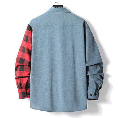 Fashion Casual Color-matching Plaid Shirt Autumn And Winter Corduroy Long-sleeved Lapel Shirt Loose Top Men's Clothing - Leo’s Look Your Best 