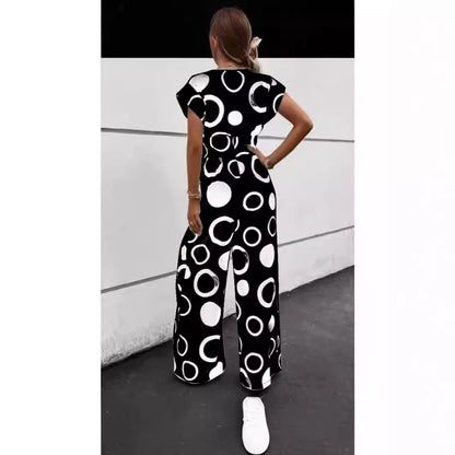 Fashion Elegant Casual V-neck High Waist Print Wide Leg Belt Jumpsuit