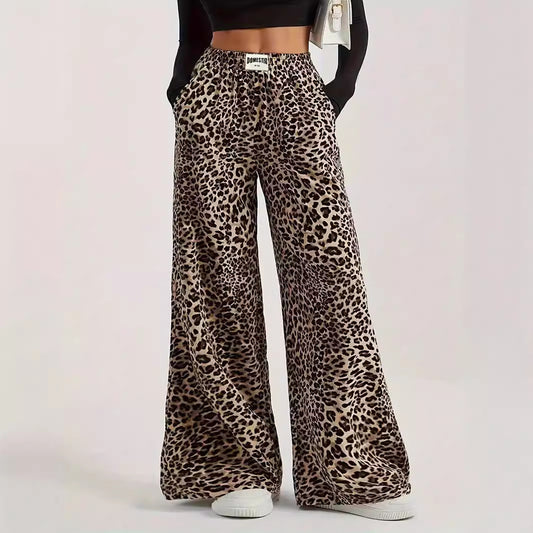 Leopard Print Straight Casual Printed High Waist Trousers Wansheng Loose Wide