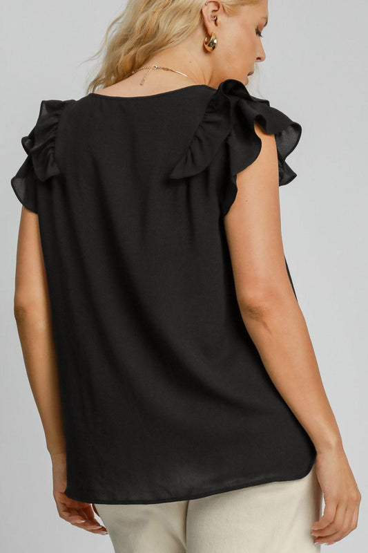 Umgee Full Size V-Neck Double Layered Ruffle Sleeve Blouse Plus Size - Leo’s Look Your Best