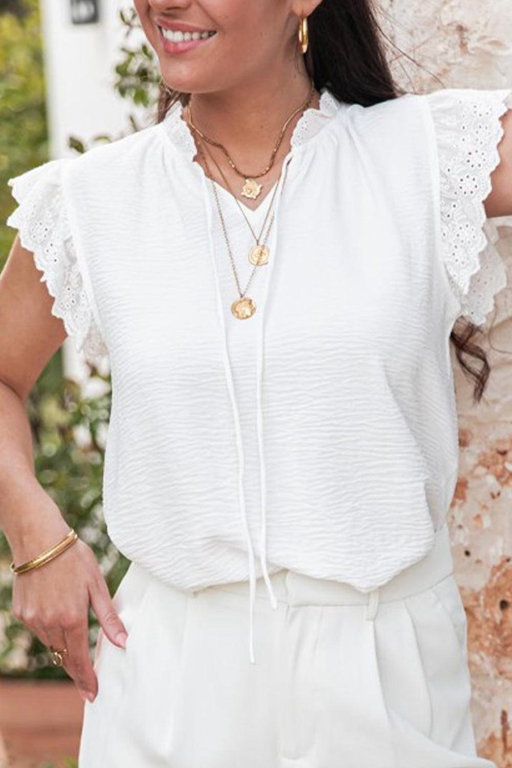 White Embroidered Ruffle Trim Crinkle Blouse - Leo’s Look Your Best 