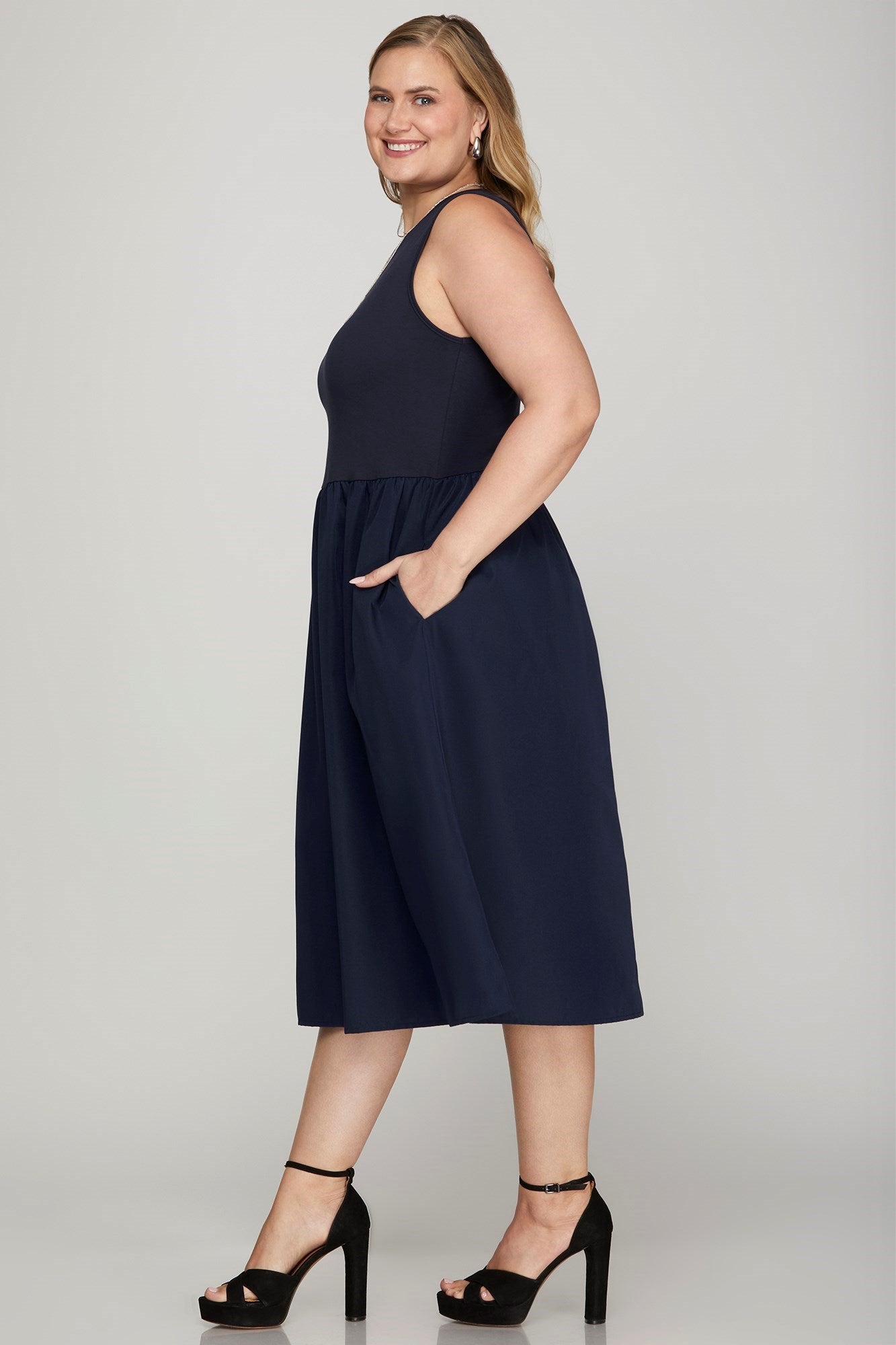 She + Sky Full Size Sleeveless Poplin Woven Midi Dress with Pockets Plus Size - Leo’s Look Your Best 