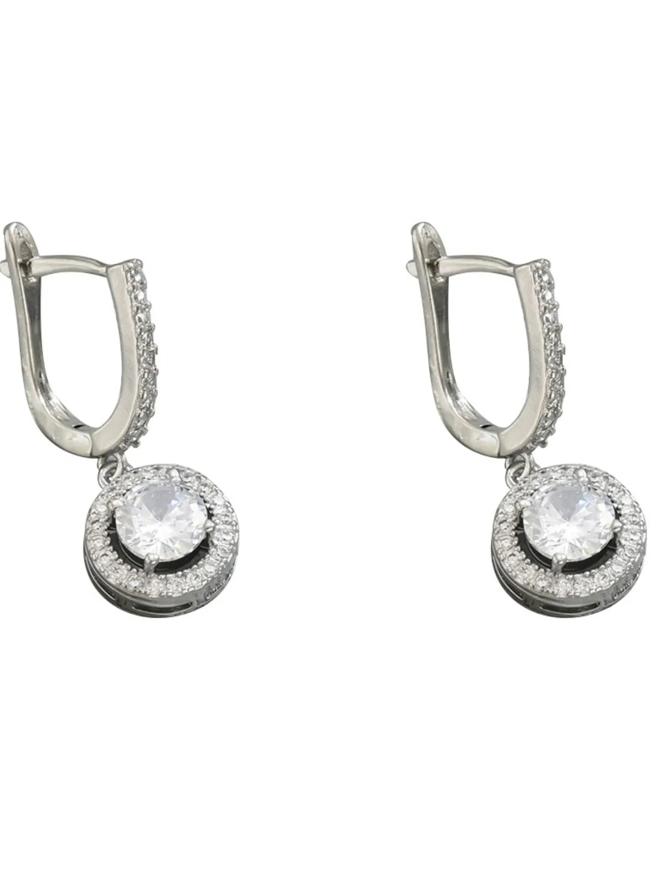 Pair of silver hoop earrings with round clear gemstones on a white background