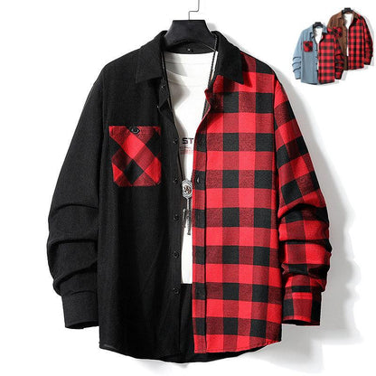 Fashion Casual Color-matching Plaid Shirt Autumn And Winter Corduroy Long-sleeved Lapel Shirt Loose Top Men's Clothing - Leo’s Look Your Best 