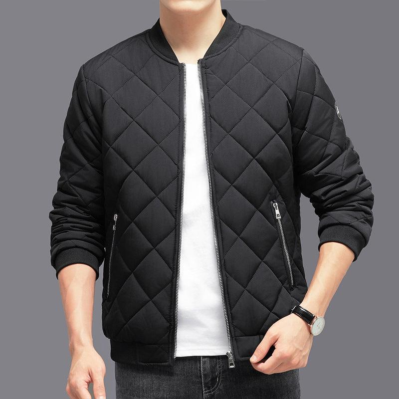 Fashion Rhombic-sewing Design Cotton Coat Winter Warm Thickened Baseball Jacket Casual Solid Color Outwear Clothing For Men - Leo’s Look Your Best 